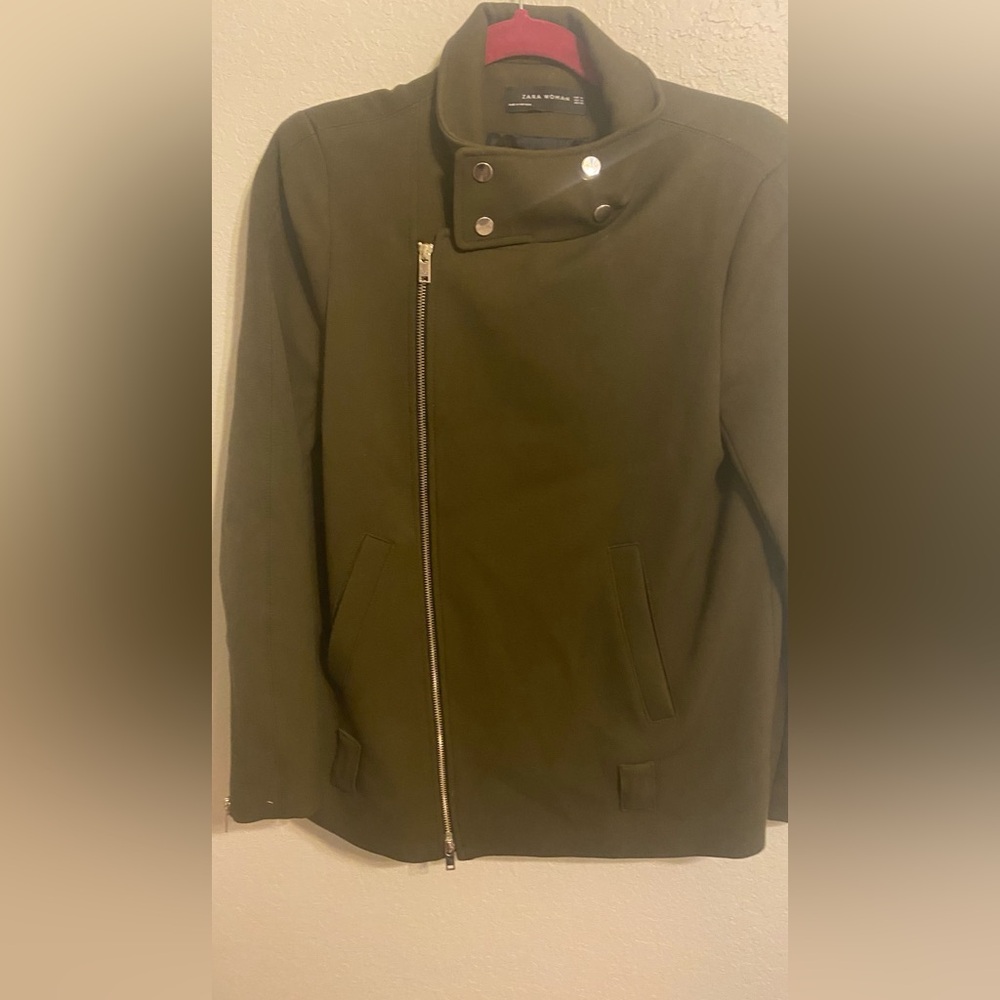 Zara Woman Olive Green Moto Jacket | Asymmetrical Zip | Size M
